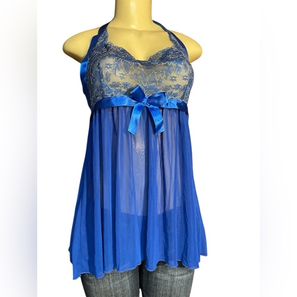 Blue Lace Halter Babydoll - Picture 1 of 3